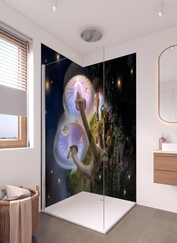 Duschrückwand - Magischer Baumpilz in hellem Badezimmer mit Regenduschkopf  - zweiteilige Eck-Duschrückwand
