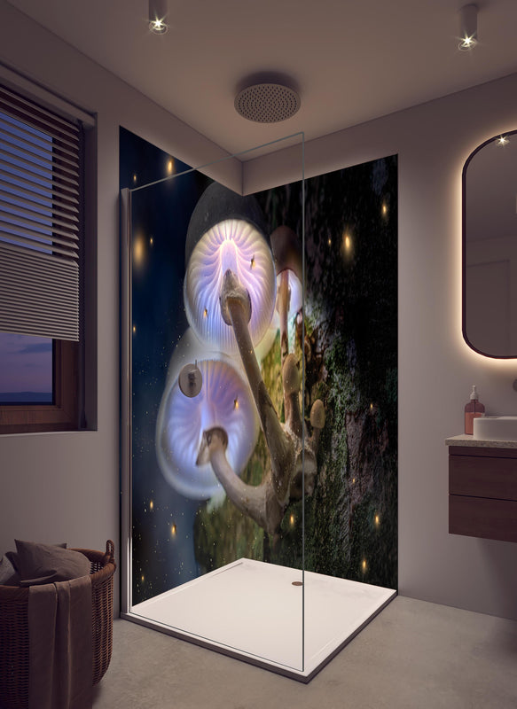 Duschrückwand - Magischer Baumpilz in hellem Badezimmer mit Regenduschkopf  - zweiteilige Eck-Duschrückwand