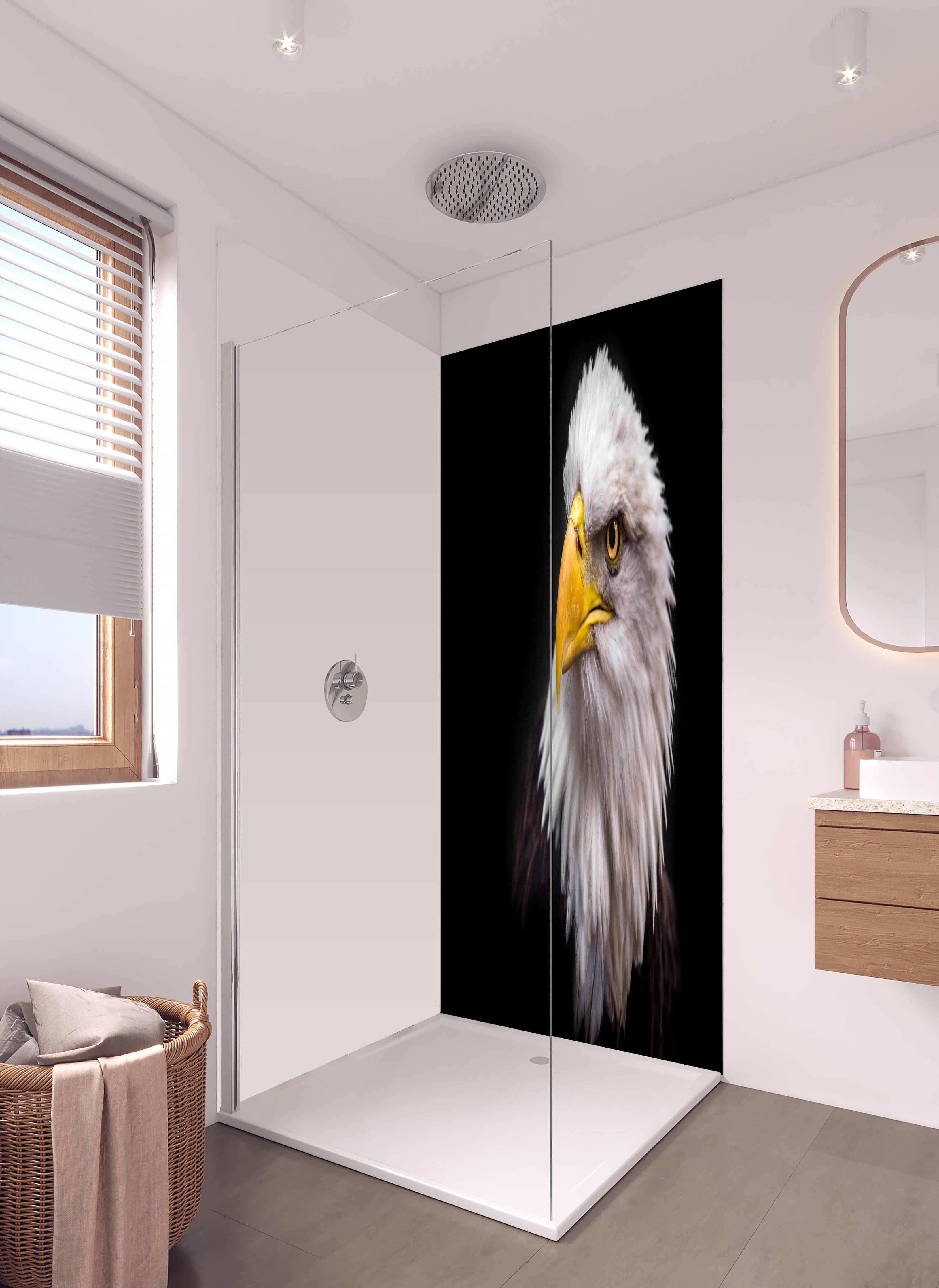 Duschrückwand - Majestätischer Adler in hellem Badezimmer mit Regenduschkopf  - zweiteilige Eck-Duschrückwand