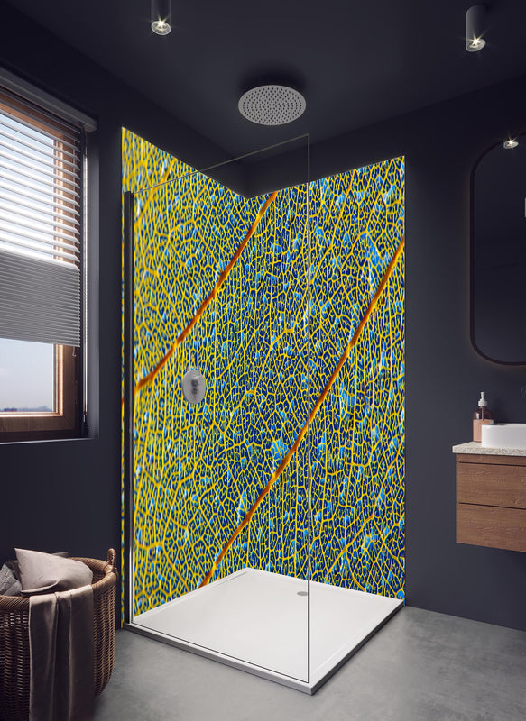 Duschrückwand - Makroaufnahme Gelbes Blatt mit Adern in hellem Badezimmer mit Regenduschkopf  - zweiteilige Eck-Duschrückwand