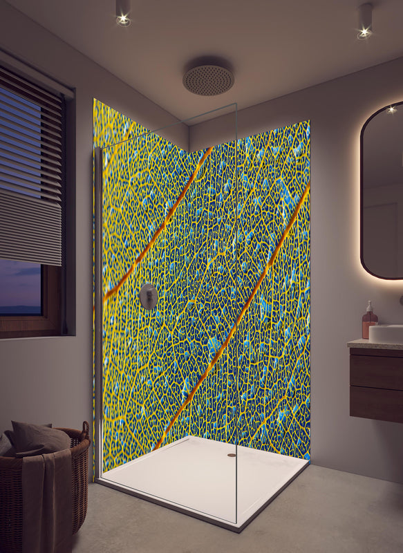 Duschrückwand - Makroaufnahme Gelbes Blatt mit Adern in hellem Badezimmer mit Regenduschkopf  - zweiteilige Eck-Duschrückwand