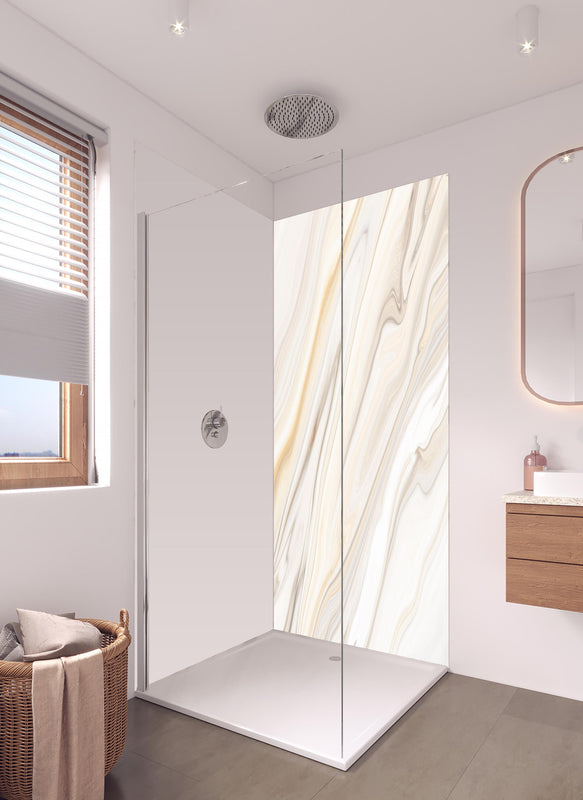 Duschrückwand - Marmor - weiß bräunliches Muster in hellem Badezimmer mit Regenduschkopf  - zweiteilige Eck-Duschrückwand