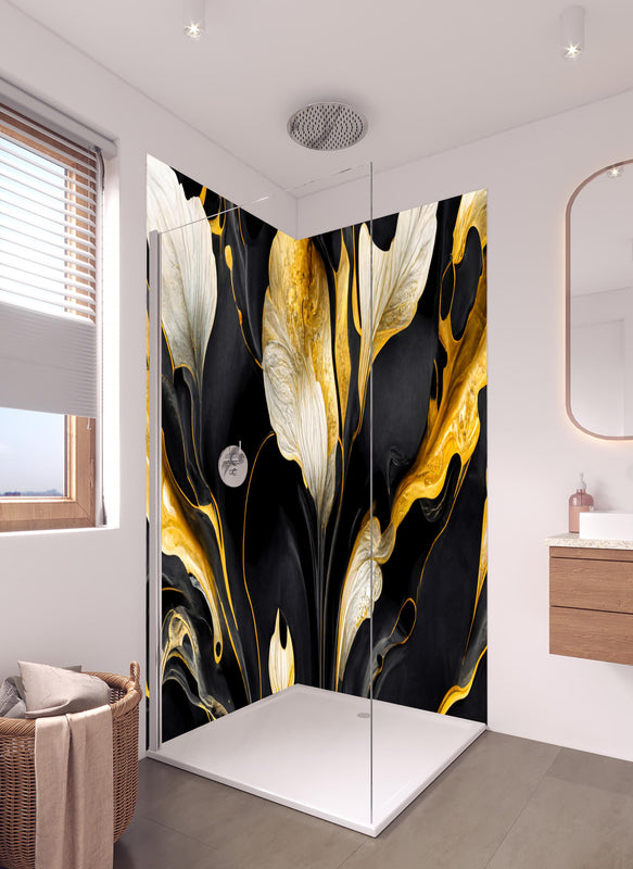 Duschrückwand - Marmor Blumenmuster in hellem Badezimmer mit Regenduschkopf  - zweiteilige Eck-Duschrückwand