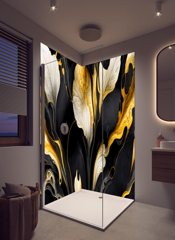 Duschrückwand - Marmor Blumenmuster in hellem Badezimmer mit Regenduschkopf  - zweiteilige Eck-Duschrückwand