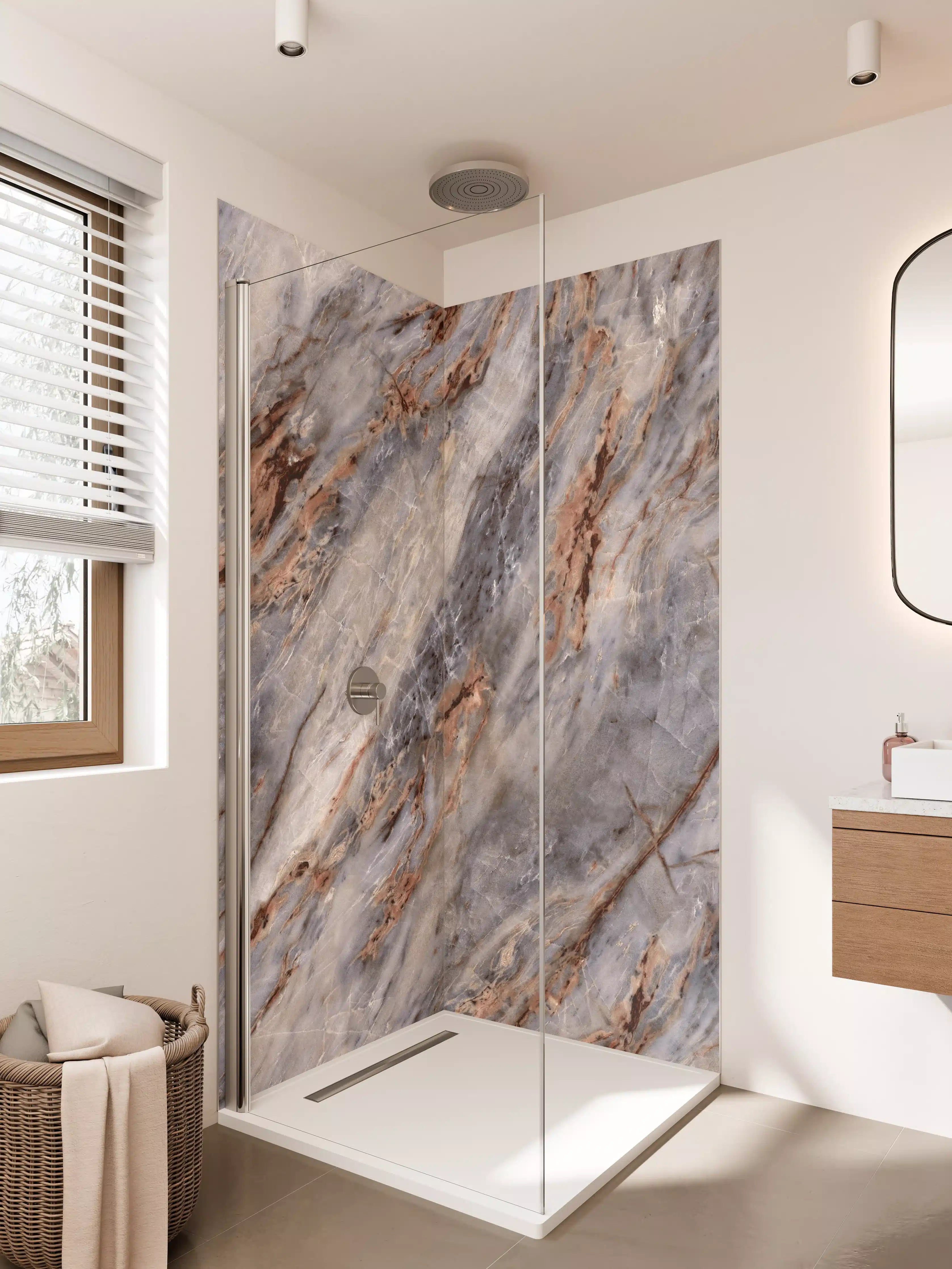 Duschrückwand - Marmorartige Struktur in Grau und Braun