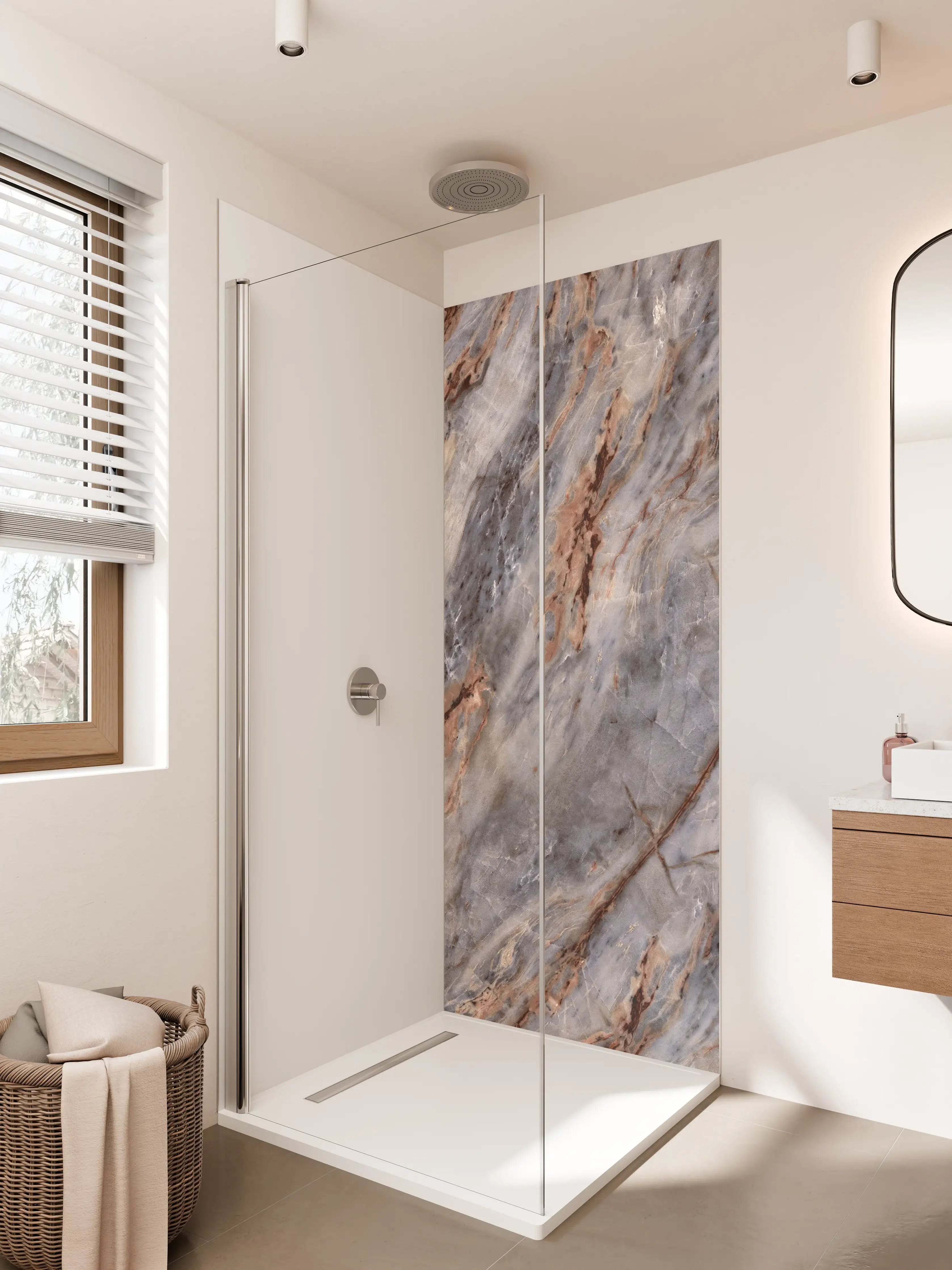 Duschrückwand - Marmorartige Struktur in Grau und Braun