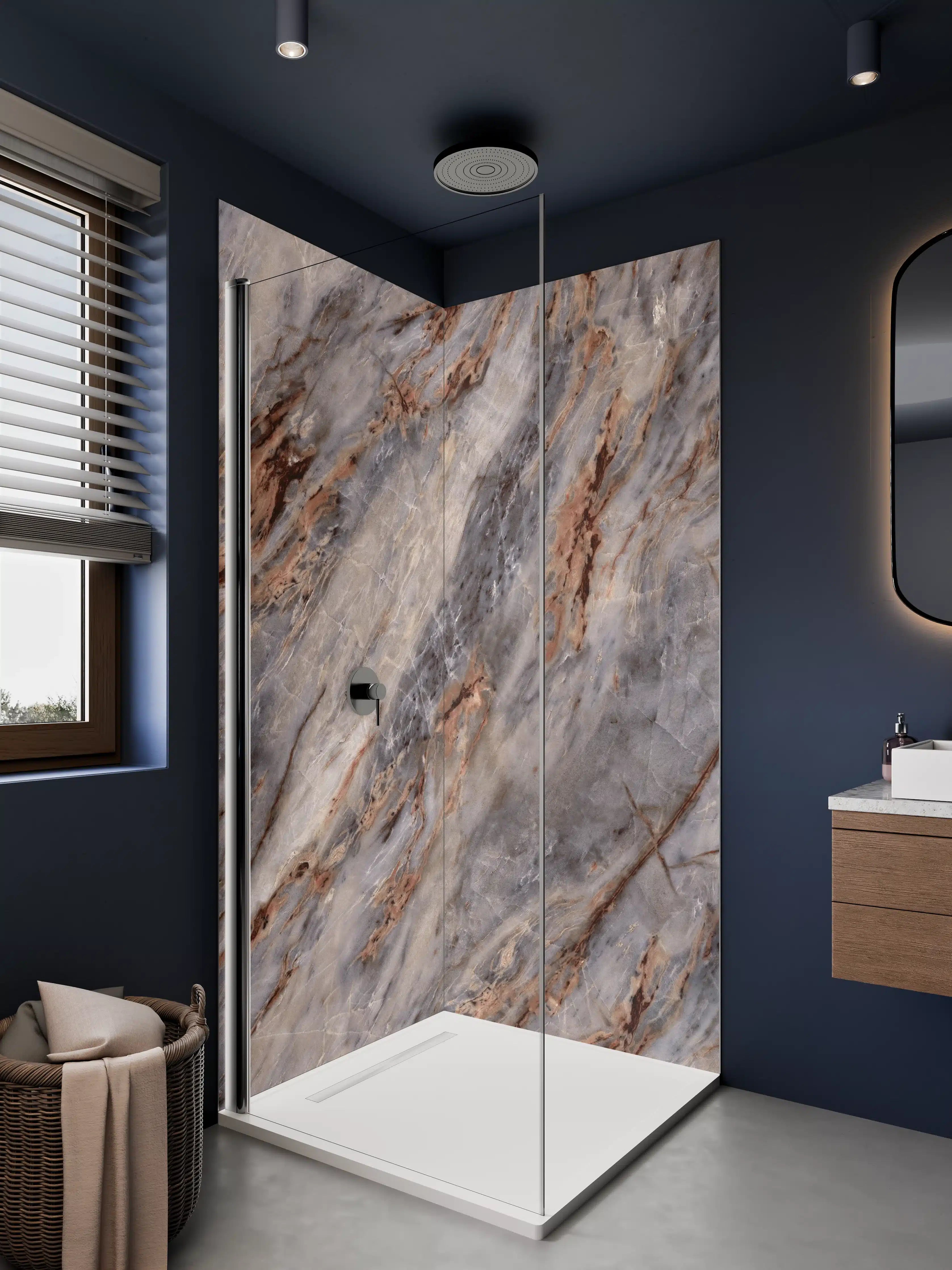 Duschrückwand - Marmorartige Struktur in Grau und Braun