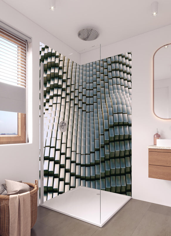 Duschrückwand - Metall Wellen Hintergrund in hellem Badezimmer mit Regenduschkopf  - zweiteilige Eck-Duschrückwand