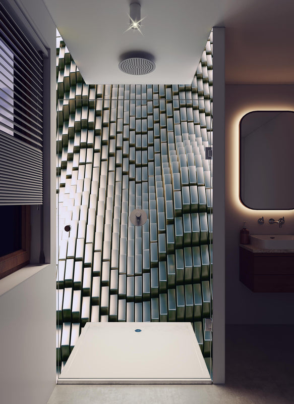 Duschrückwand - Metall Wellen Hintergrund in hellem Badezimmer mit Regenduschkopf  - zweiteilige Eck-Duschrückwand