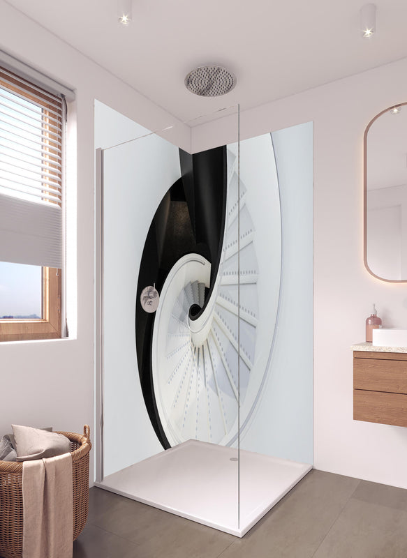 Duschrückwand - Moderne Architektur - Treppenhaus in hellem Badezimmer mit Regenduschkopf  - zweiteilige Eck-Duschrückwand