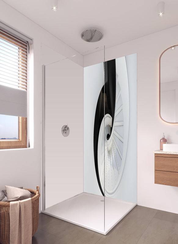 Duschrückwand - Moderne Architektur - Treppenhaus in hellem Badezimmer mit Regenduschkopf  - zweiteilige Eck-Duschrückwand