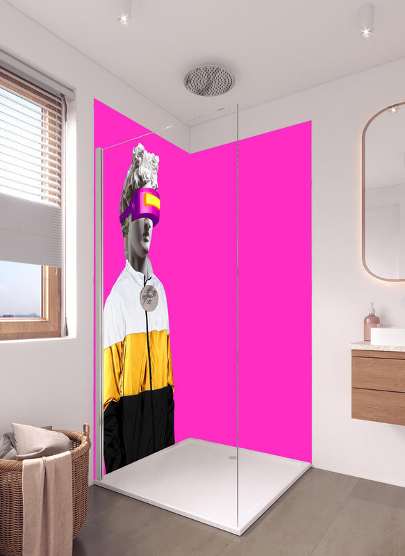 Duschrückwand - Moderne Darstellung - VR Brille auf lila Hintergrund in hellem Badezimmer mit Regenduschkopf  - zweiteilige Eck-Duschrückwand