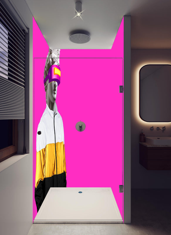 Duschrückwand - Moderne Darstellung - VR Brille auf lila Hintergrund in hellem Badezimmer mit Regenduschkopf  - zweiteilige Eck-Duschrückwand