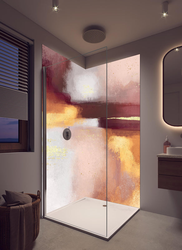 Duschrückwand - Moderne Farben - Gemälde in hellem Badezimmer mit Regenduschkopf  - zweiteilige Eck-Duschrückwand