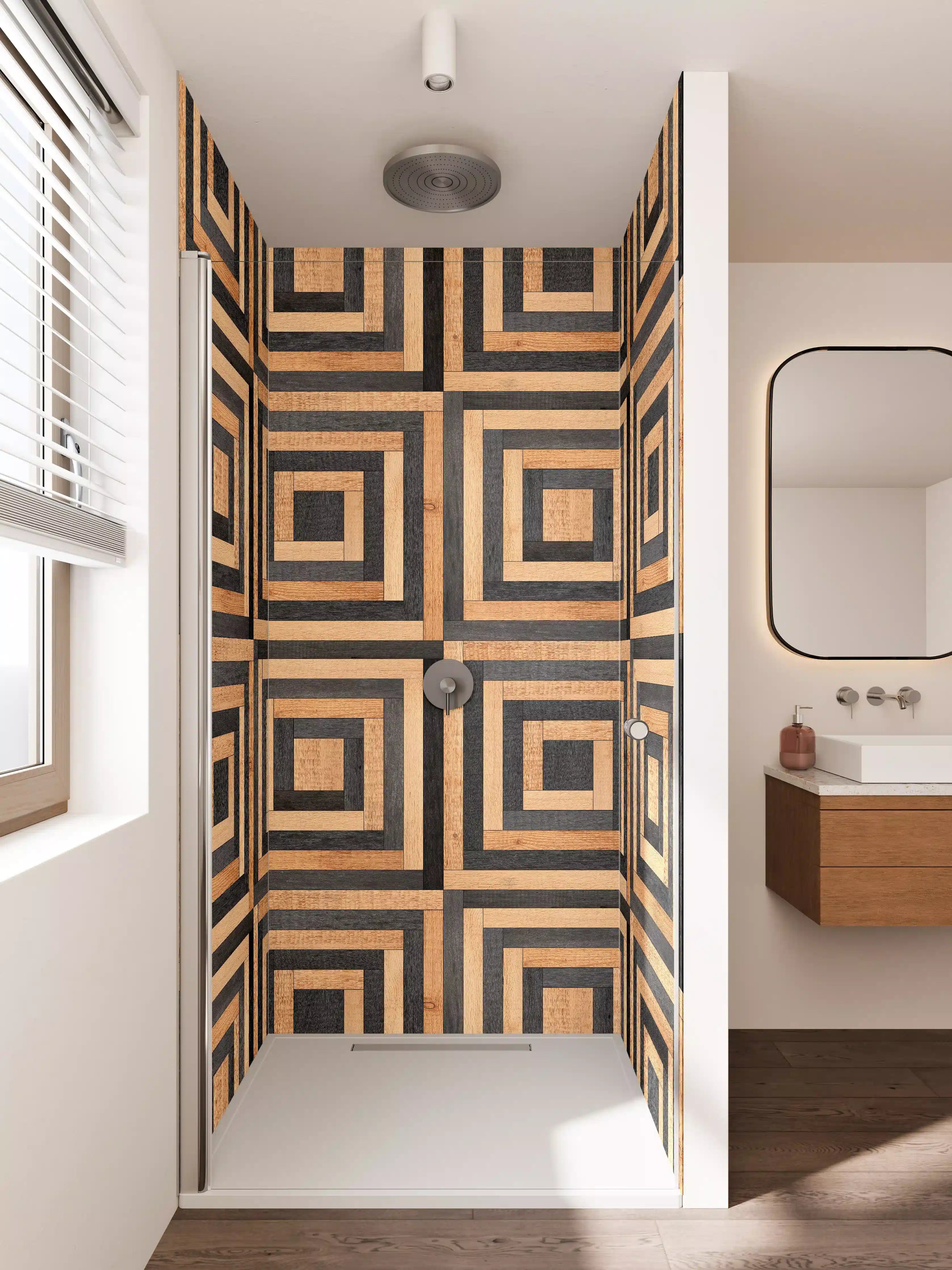 Duschrückwand - Moderne Holzbohlen mit geometrischem Muster in Natur- und Schwarz