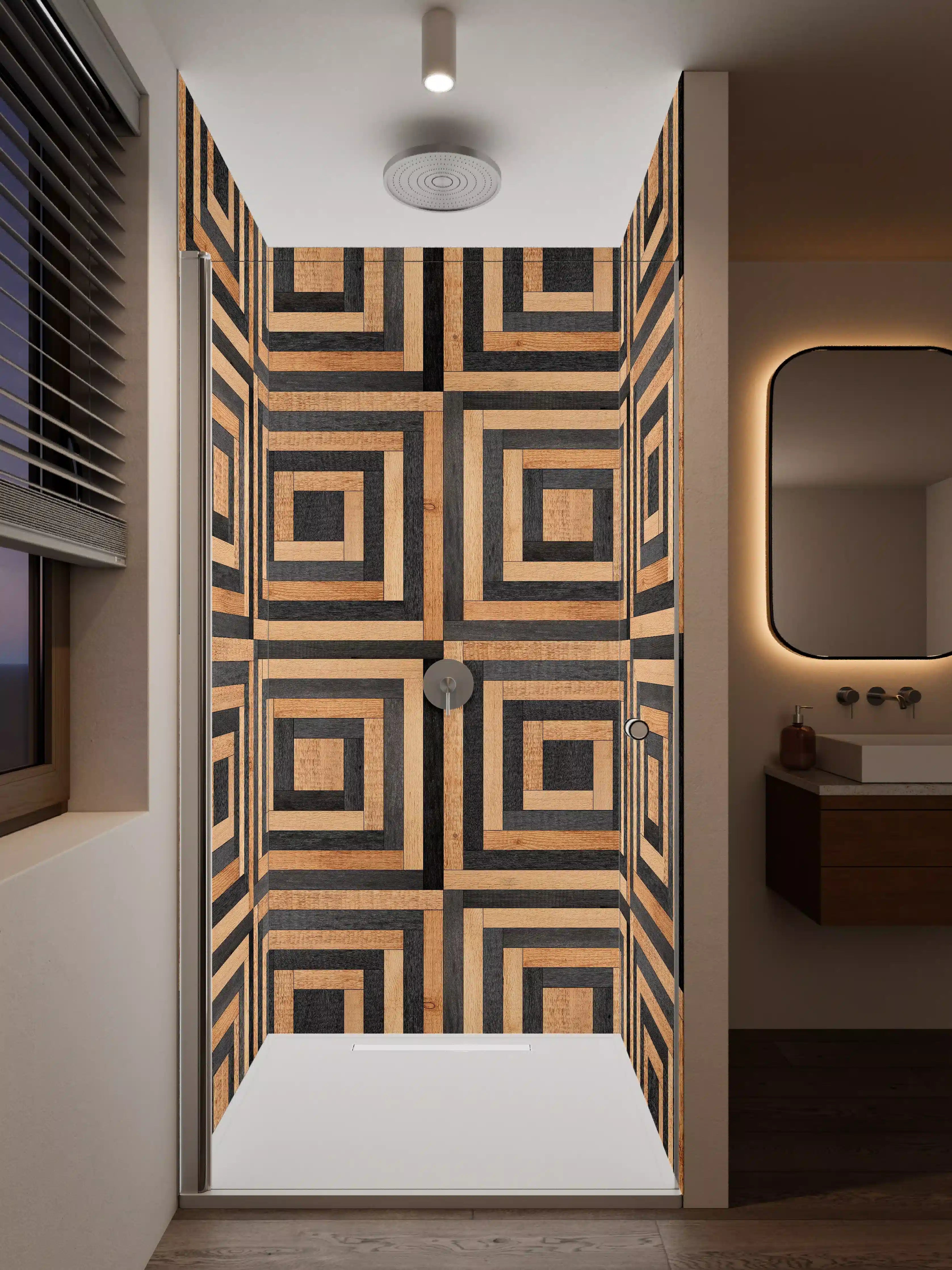 Duschrückwand - Moderne Holzbohlen mit geometrischem Muster in Natur- und Schwarz
