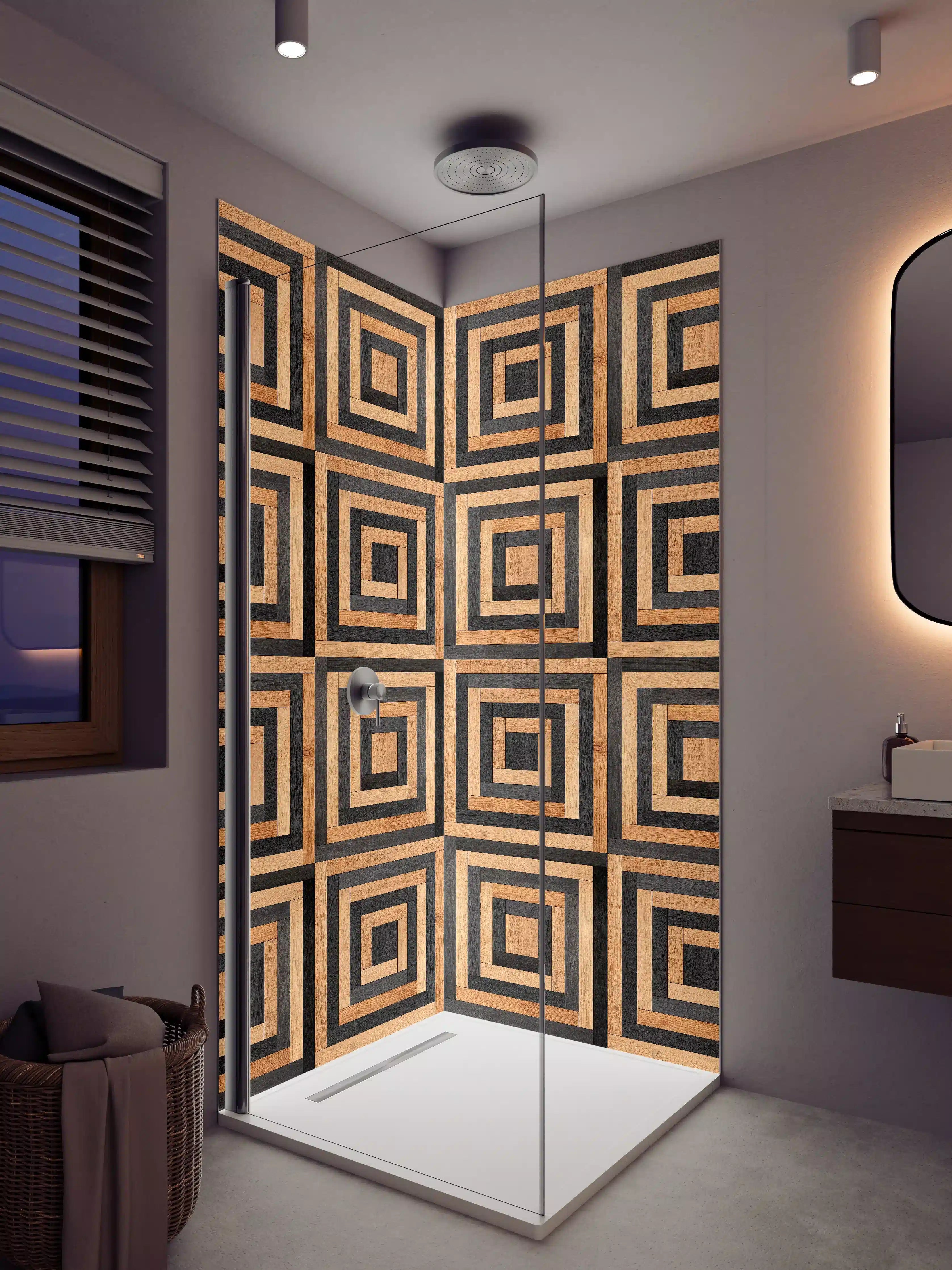 Duschrückwand - Moderne Holzbohlen mit geometrischem Muster in Natur- und Schwarz