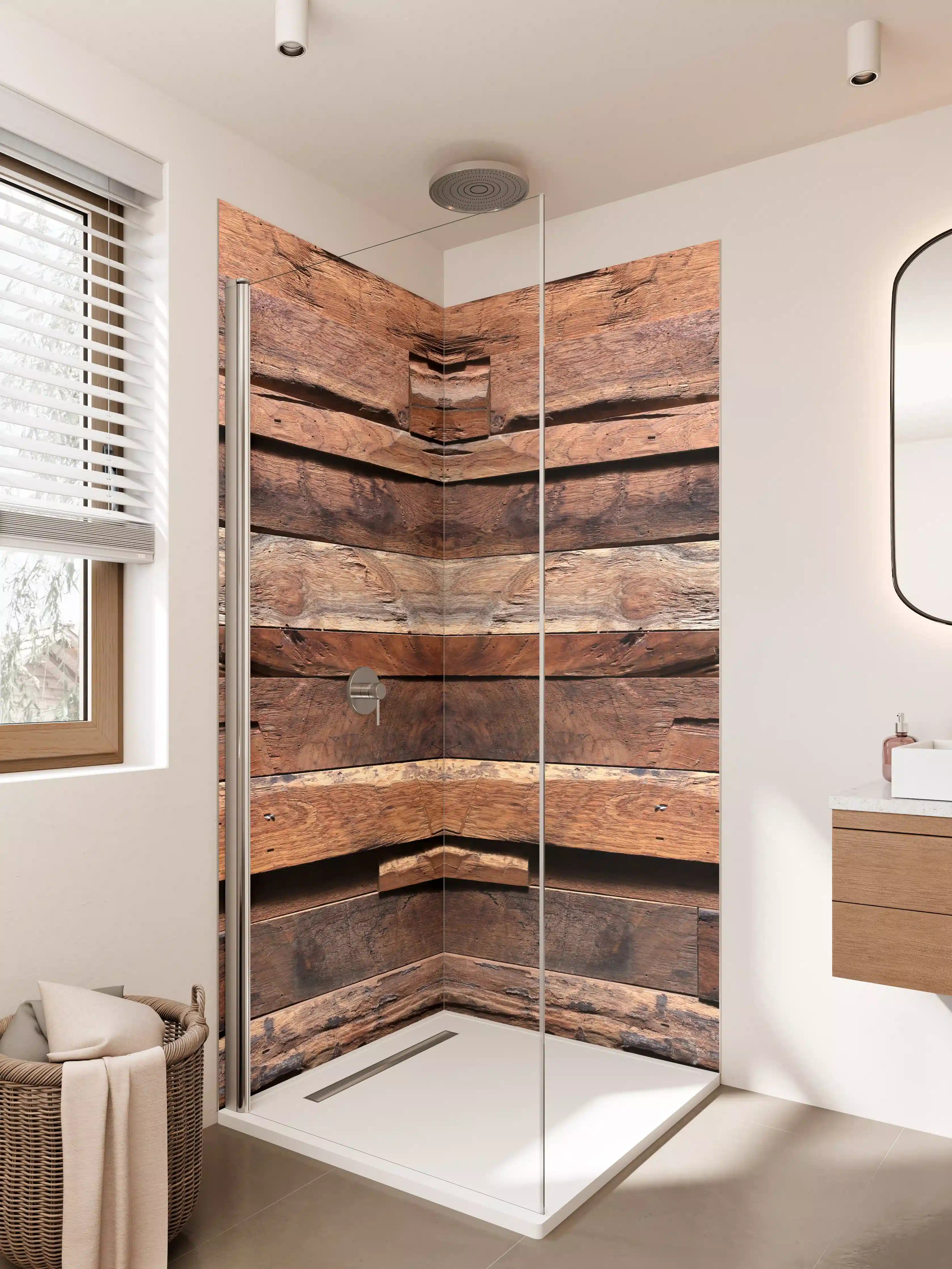 Duschrückwand - Moderne Holzvertäfelung in Grautönen