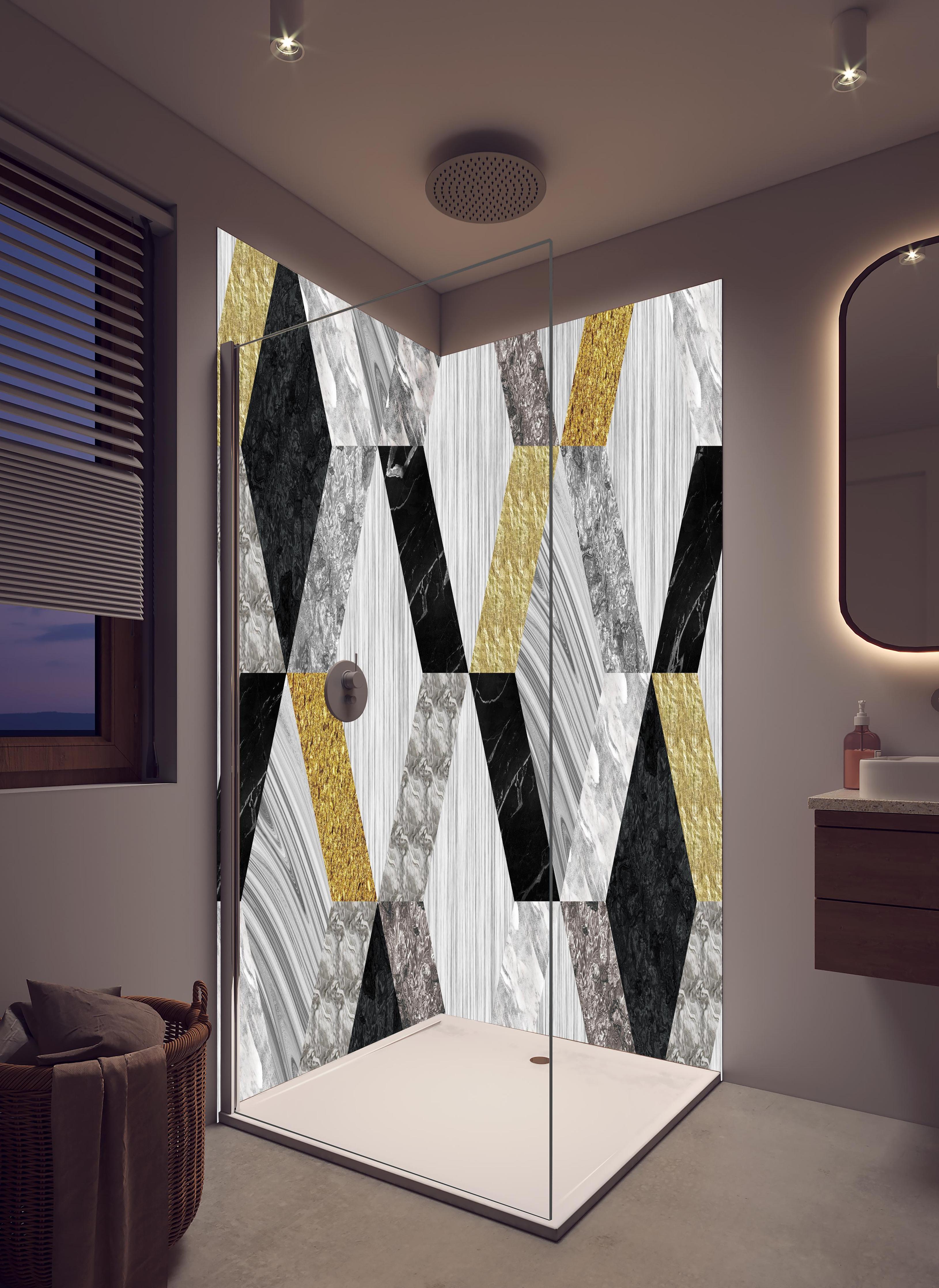 Duschrückwand - Moderne Keramik Textur in hellem Badezimmer mit Regenduschkopf  - zweiteilige Eck-Duschrückwand