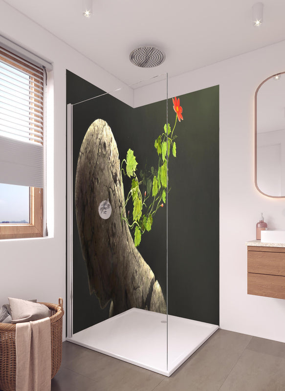 Duschrückwand - Moderne Malerei - Fantasie in hellem Badezimmer mit Regenduschkopf  - zweiteilige Eck-Duschrückwand