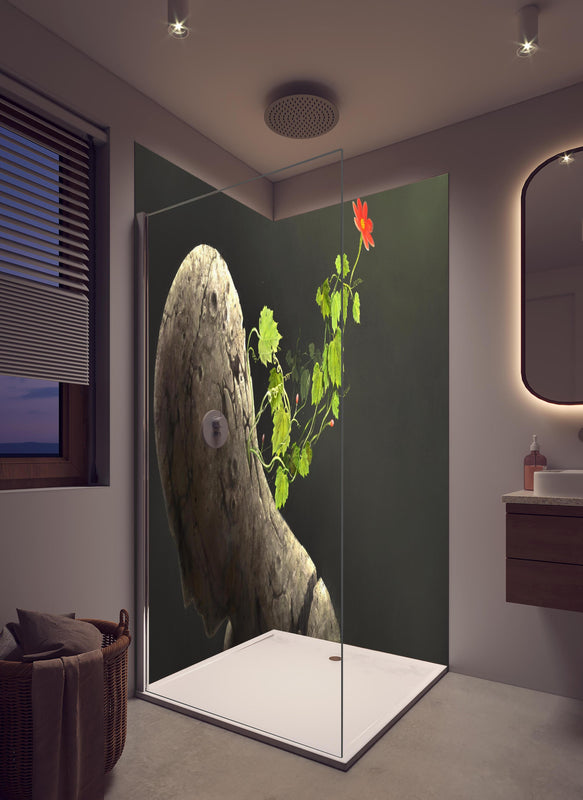 Duschrückwand - Moderne Malerei - Fantasie in hellem Badezimmer mit Regenduschkopf  - zweiteilige Eck-Duschrückwand