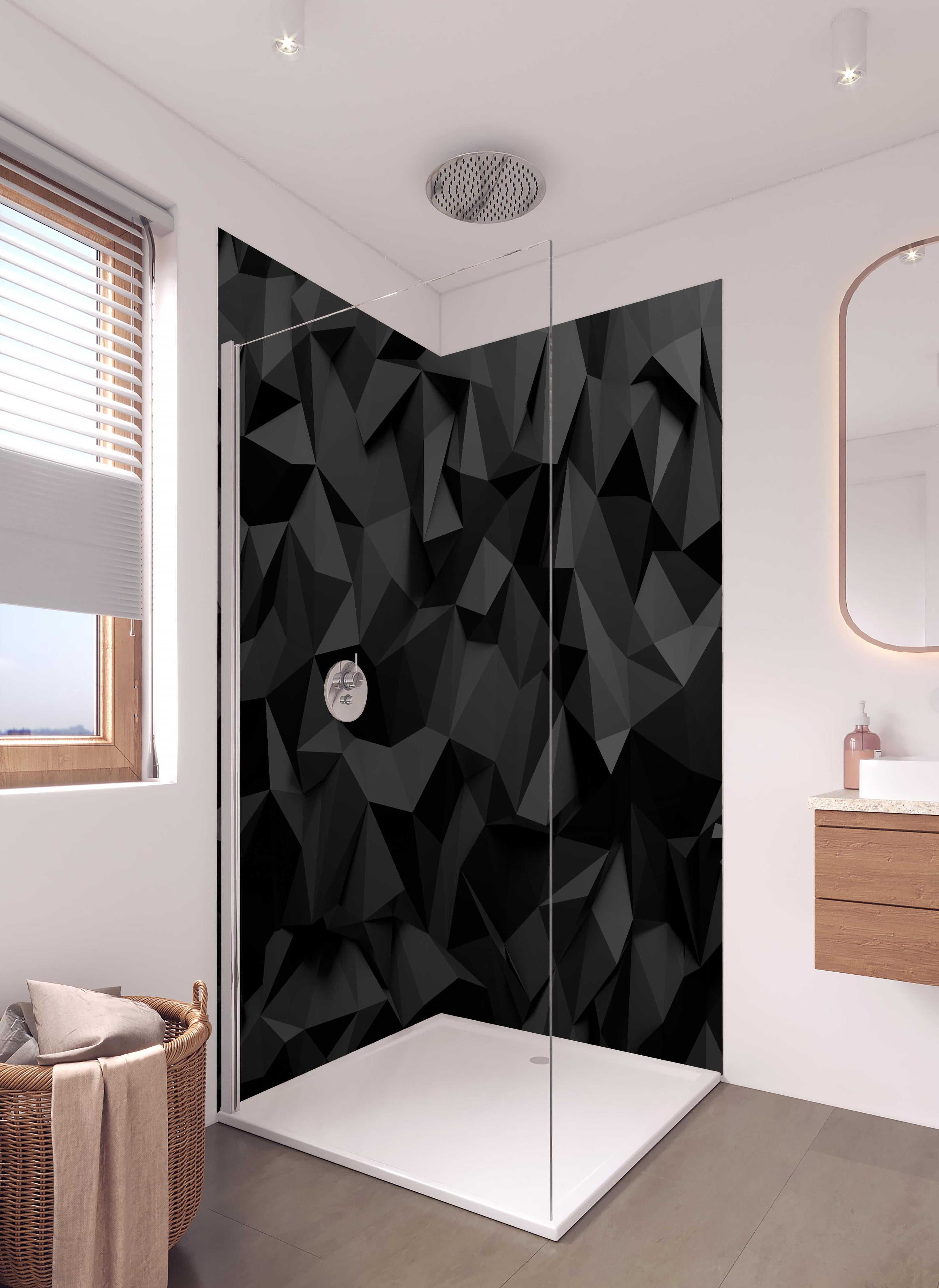 Duschrückwand - Moderne Schwarze 3D Polygon Textur in hellem Badezimmer mit Regenduschkopf  - zweiteilige Eck-Duschrückwand