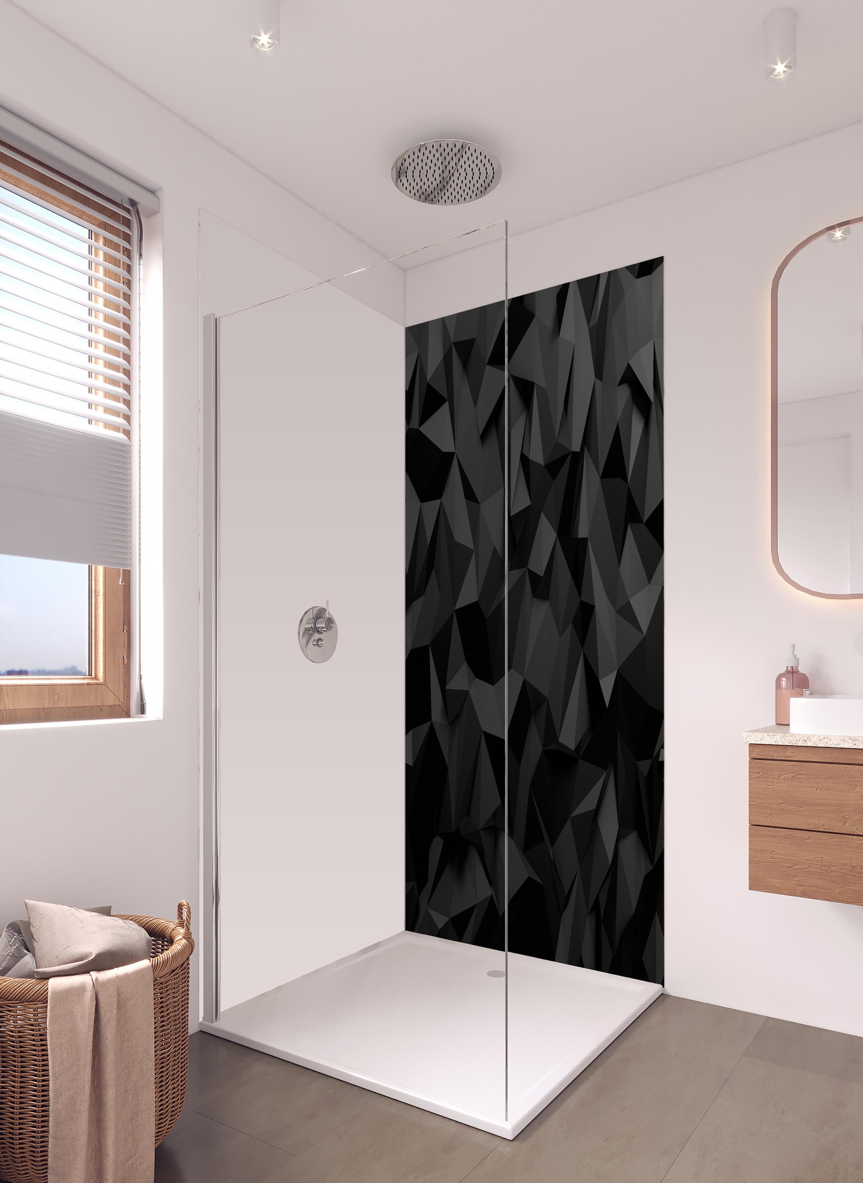 Duschrückwand - Moderne Schwarze 3D Polygon Textur in hellem Badezimmer mit Regenduschkopf  - zweiteilige Eck-Duschrückwand