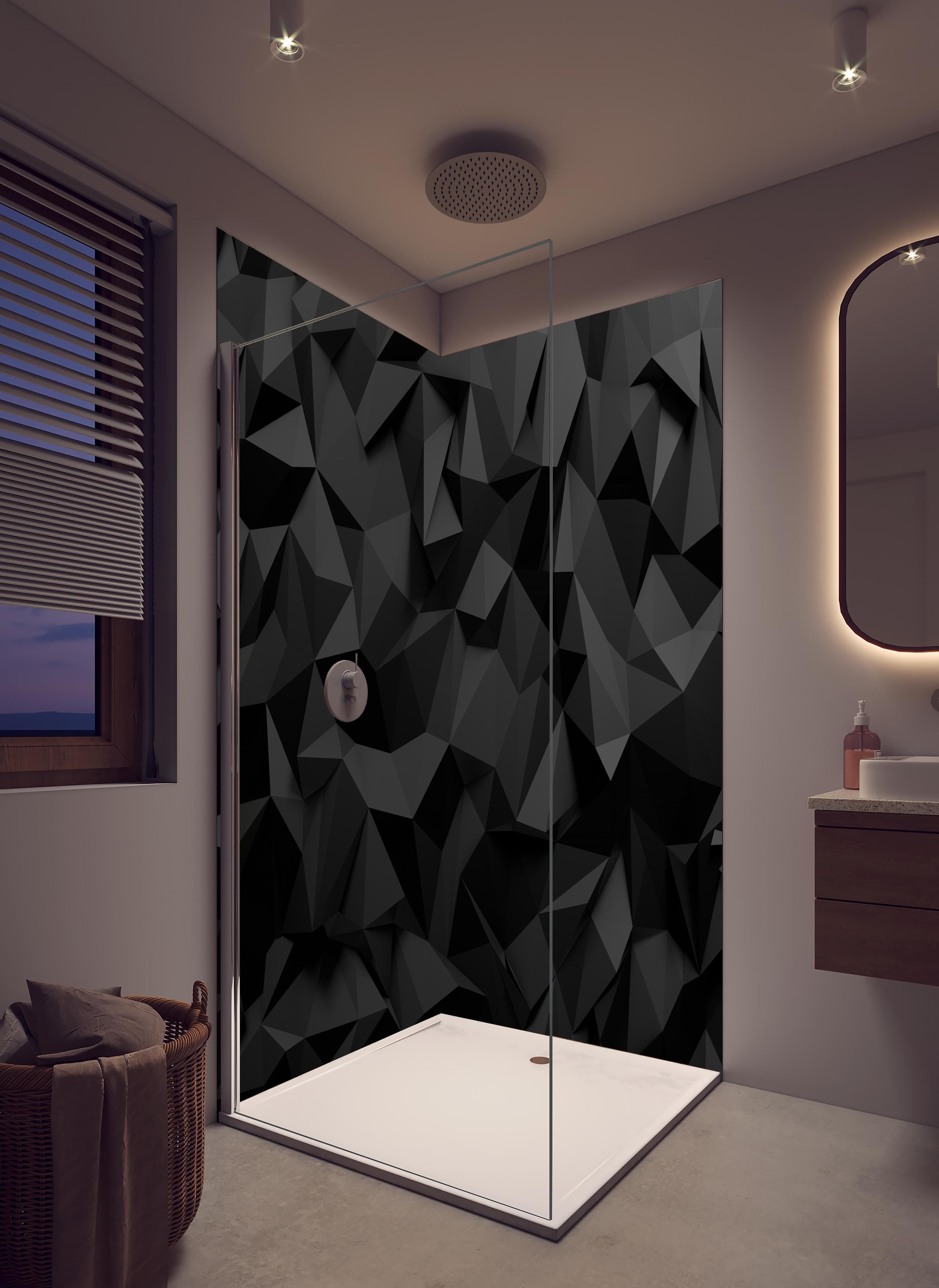 Duschrückwand - Moderne Schwarze 3D Polygon Textur in hellem Badezimmer mit Regenduschkopf  - zweiteilige Eck-Duschrückwand