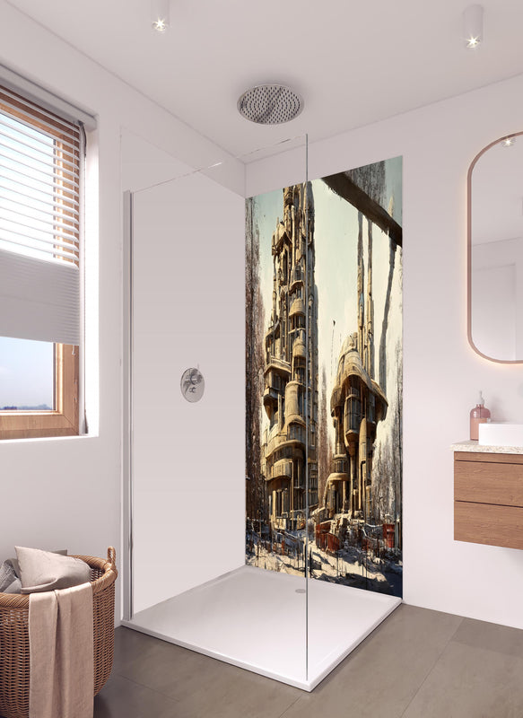 Duschrückwand - Moderne Stadt in der Zukunft in hellem Badezimmer mit Regenduschkopf  - zweiteilige Eck-Duschrückwand
