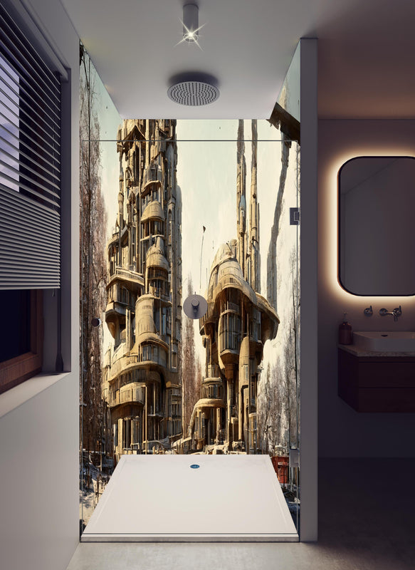 Duschrückwand - Moderne Stadt in der Zukunft in hellem Badezimmer mit Regenduschkopf  - zweiteilige Eck-Duschrückwand