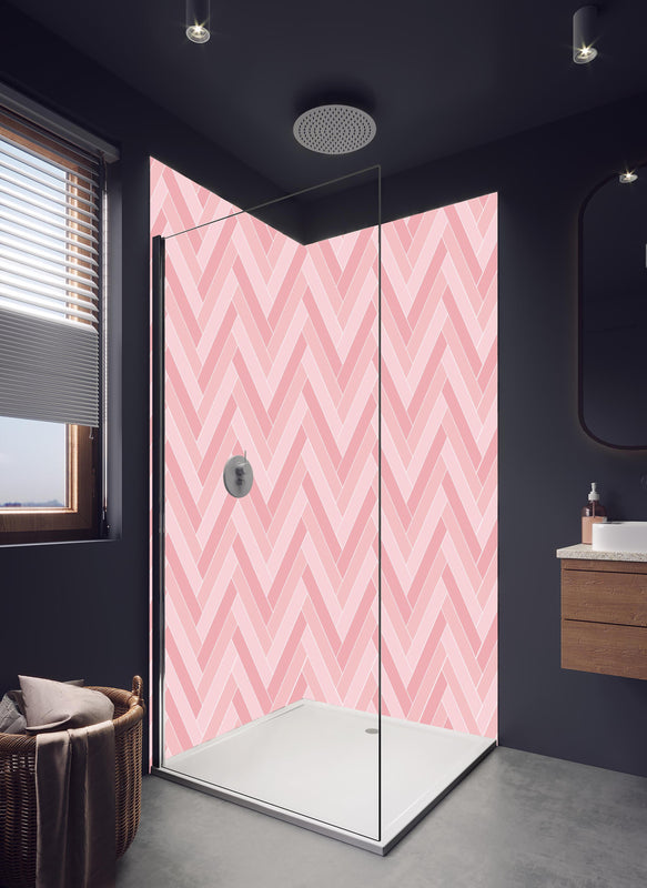 Duschrückwand - Moderne Tapete in Rosatönen mit Zickzack-Muster in hellem Badezimmer mit Regenduschkopf  - zweiteilige Eck-Duschrückwand