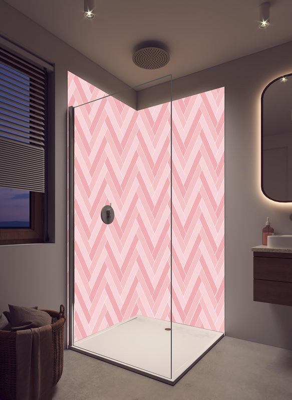 Duschrückwand - Moderne Tapete in Rosatönen mit Zickzack-Muster in hellem Badezimmer mit Regenduschkopf  - zweiteilige Eck-Duschrückwand