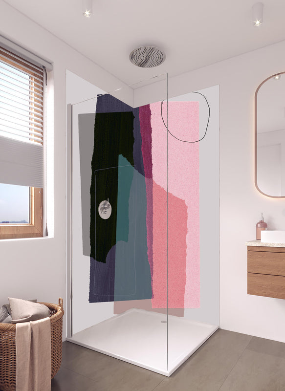Duschrückwand - Moderne Wasserfarben Kunst in Pastelltönen in hellem Badezimmer mit Regenduschkopf  - zweiteilige Eck-Duschrückwand
