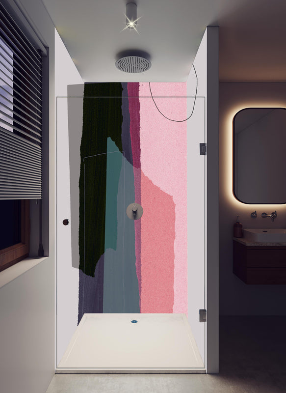 Duschrückwand - Moderne Wasserfarben Kunst in Pastelltönen in hellem Badezimmer mit Regenduschkopf  - zweiteilige Eck-Duschrückwand