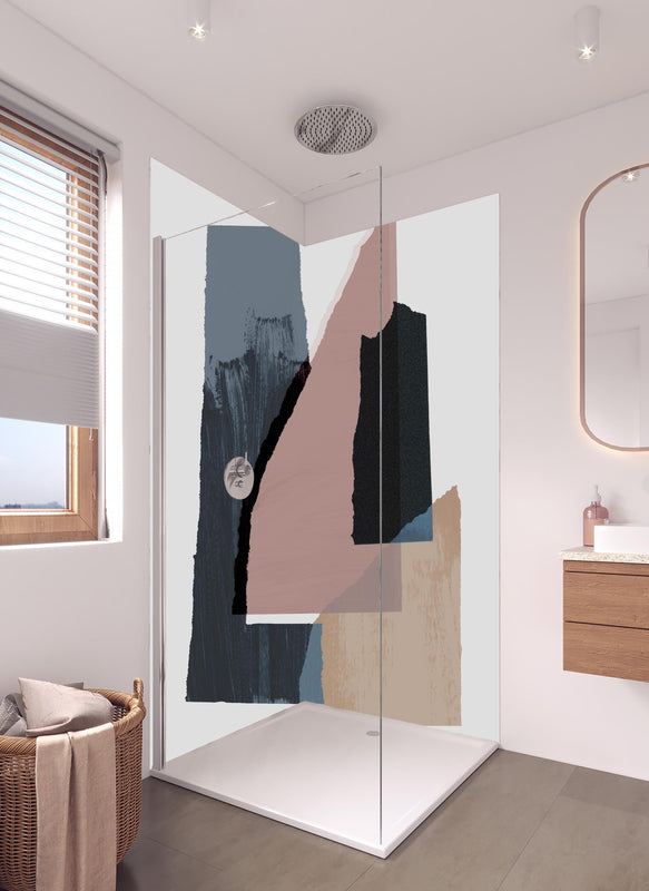 Duschrückwand - Moderne abstrakte Kunst mit Aquarell und Pastellfarben in hellem Badezimmer mit Regenduschkopf  - zweiteilige Eck-Duschrückwand