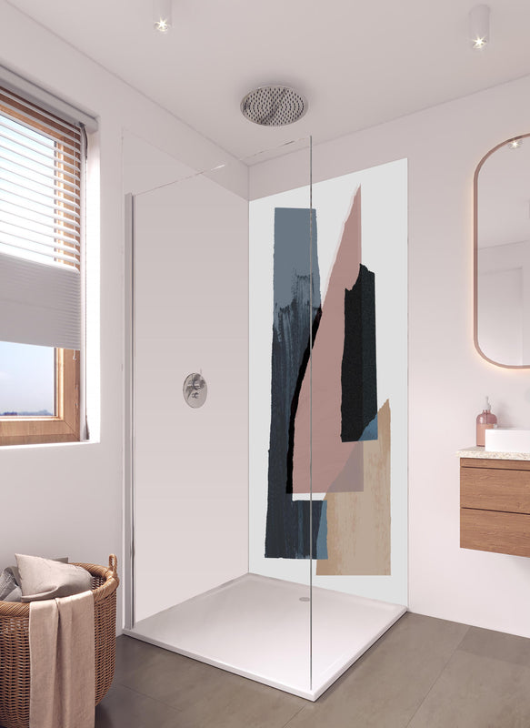 Duschrückwand - Moderne abstrakte Kunst mit Aquarell und Pastellfarben in hellem Badezimmer mit Regenduschkopf  - zweiteilige Eck-Duschrückwand