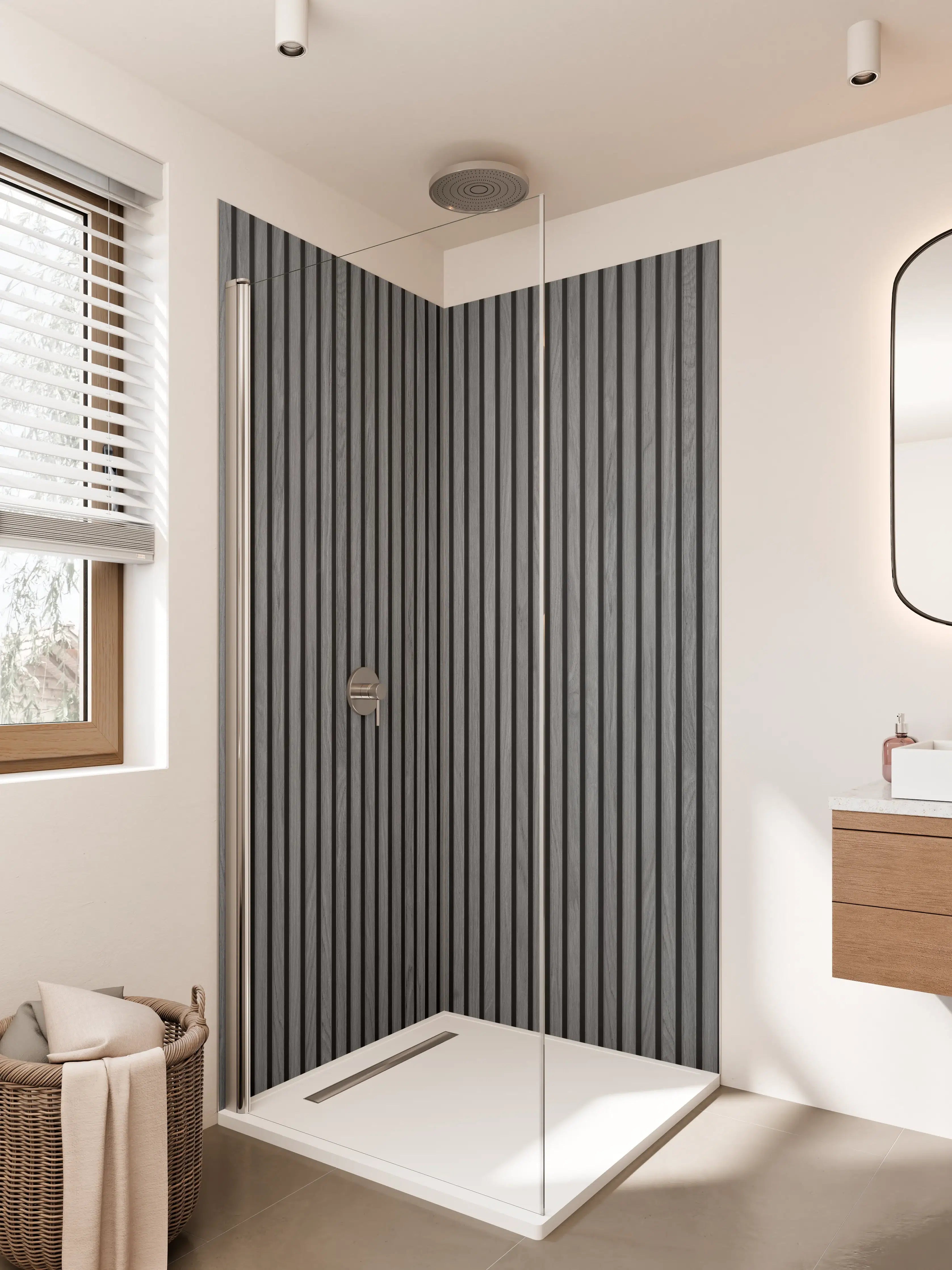 Duschrückwand - Moderne schwarze Holzvertäfelung mit vertikalen Linien