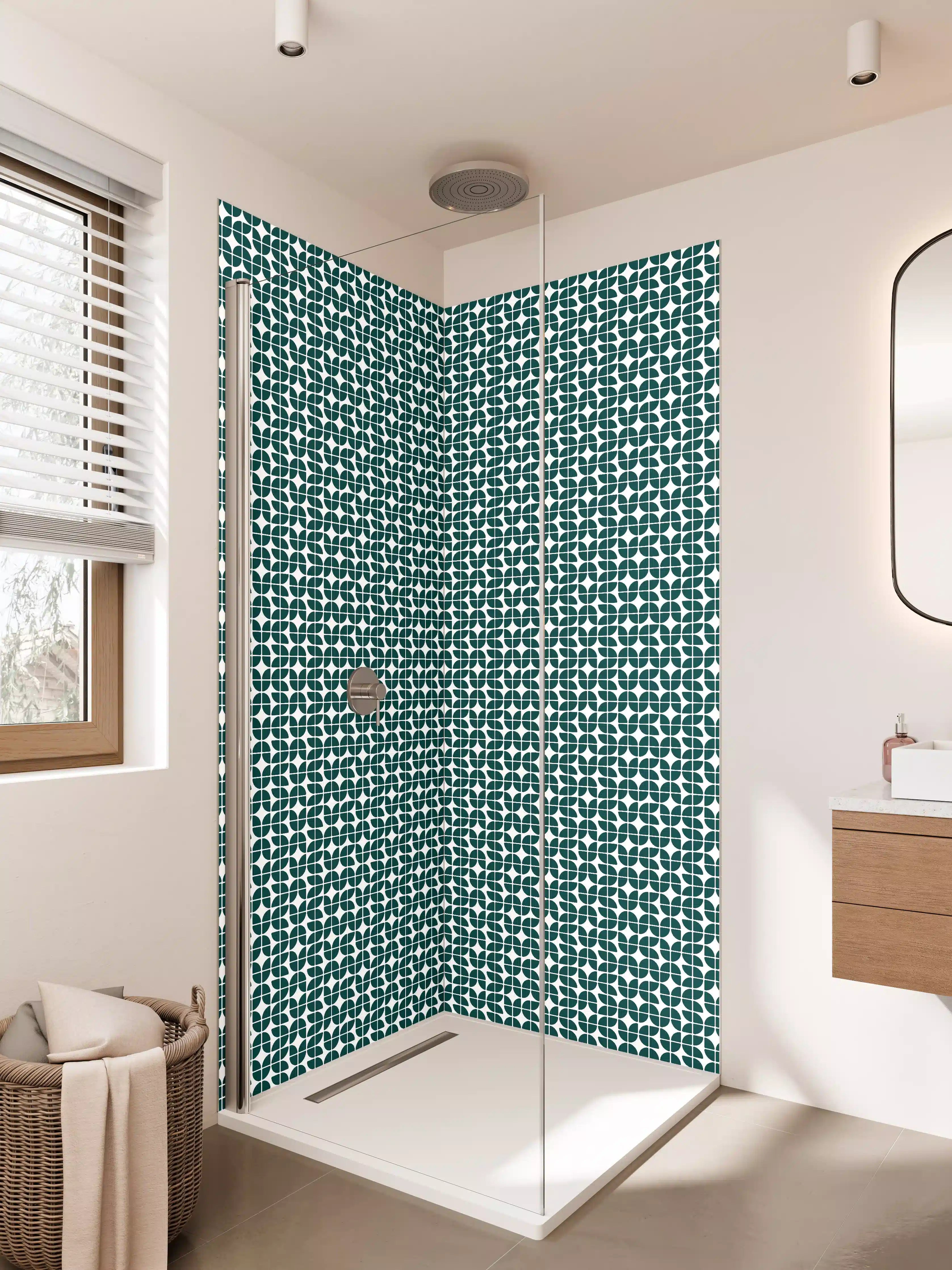 Duschrückwand - Modernes geometrisches Fliesenmuster in Dunkelgrün und Weiß