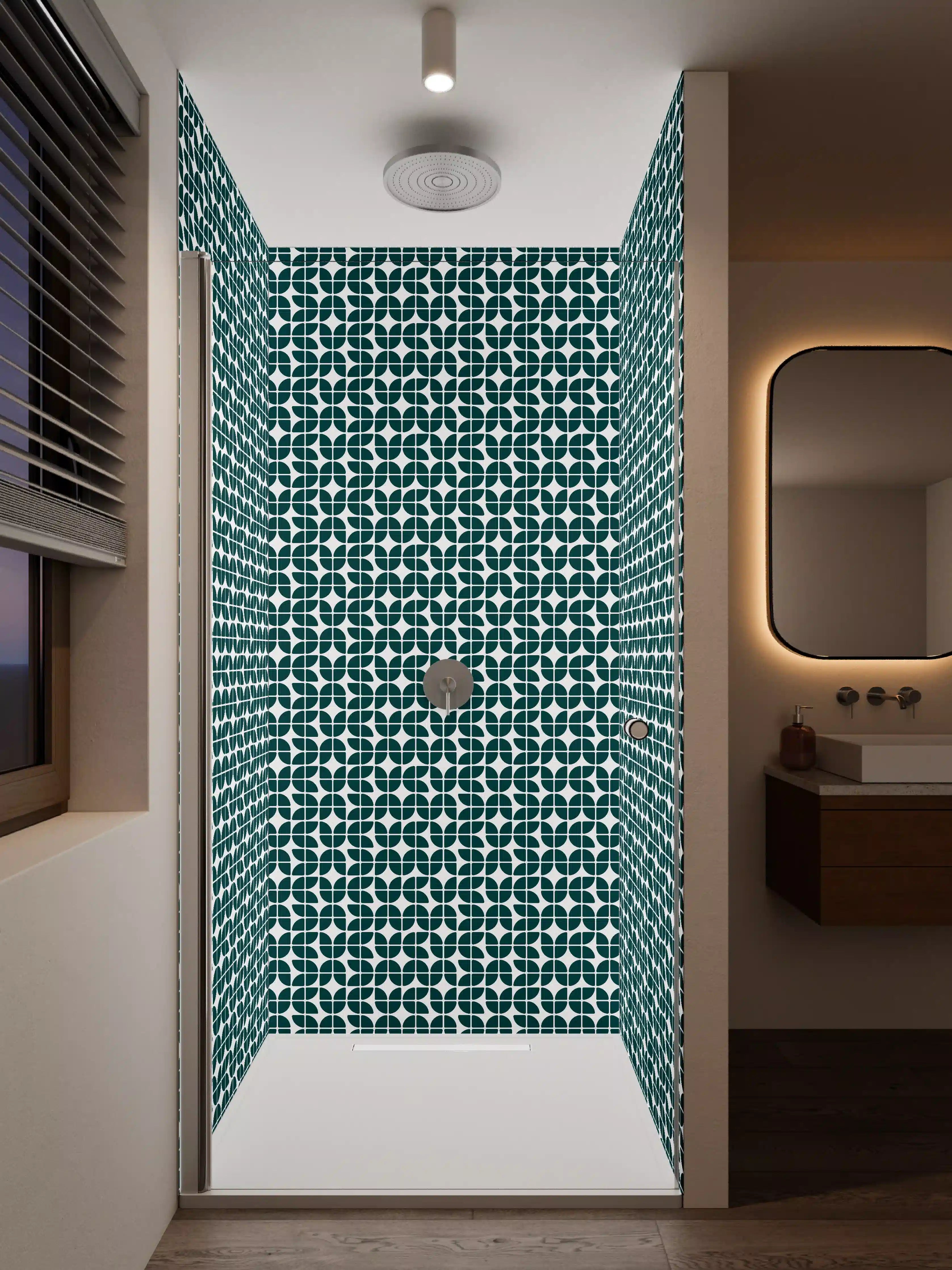 Duschrückwand - Modernes geometrisches Fliesenmuster in Dunkelgrün und Weiß