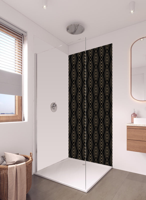 Duschrückwand - Modernes schwarzes V-Förmiges Linienmuster in hellem Badezimmer mit Regenduschkopf  - zweiteilige Eck-Duschrückwand