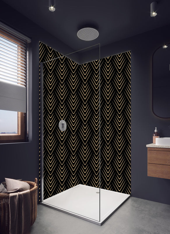 Duschrückwand - Modernes schwarzes V-Förmiges Linienmuster in hellem Badezimmer mit Regenduschkopf  - zweiteilige Eck-Duschrückwand