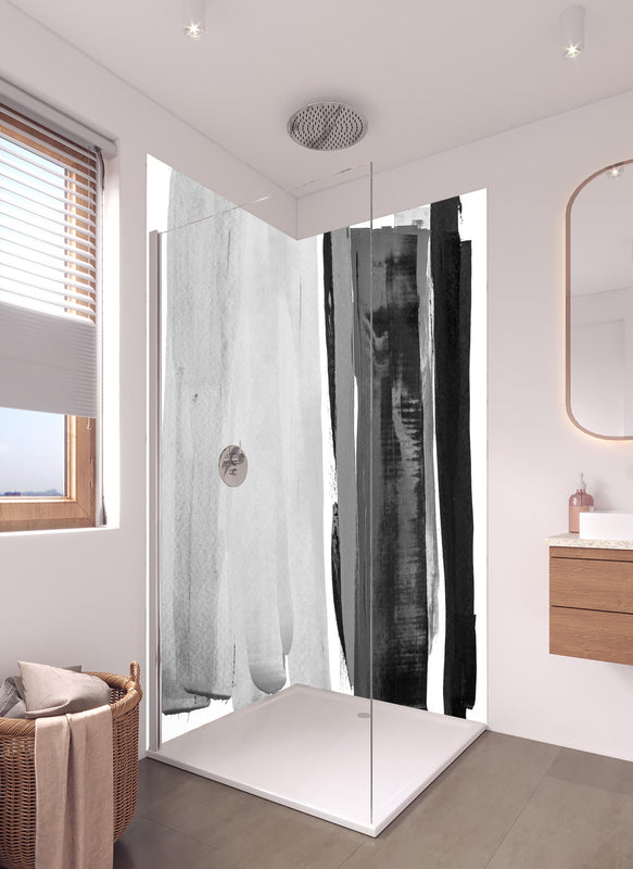Duschrückwand - Monochrome Abstraktion in Wasserfarben in hellem Badezimmer mit Regenduschkopf  - zweiteilige Eck-Duschrückwand