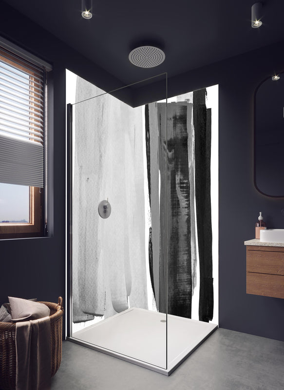 Duschrückwand - Monochrome Abstraktion in Wasserfarben in hellem Badezimmer mit Regenduschkopf  - zweiteilige Eck-Duschrückwand