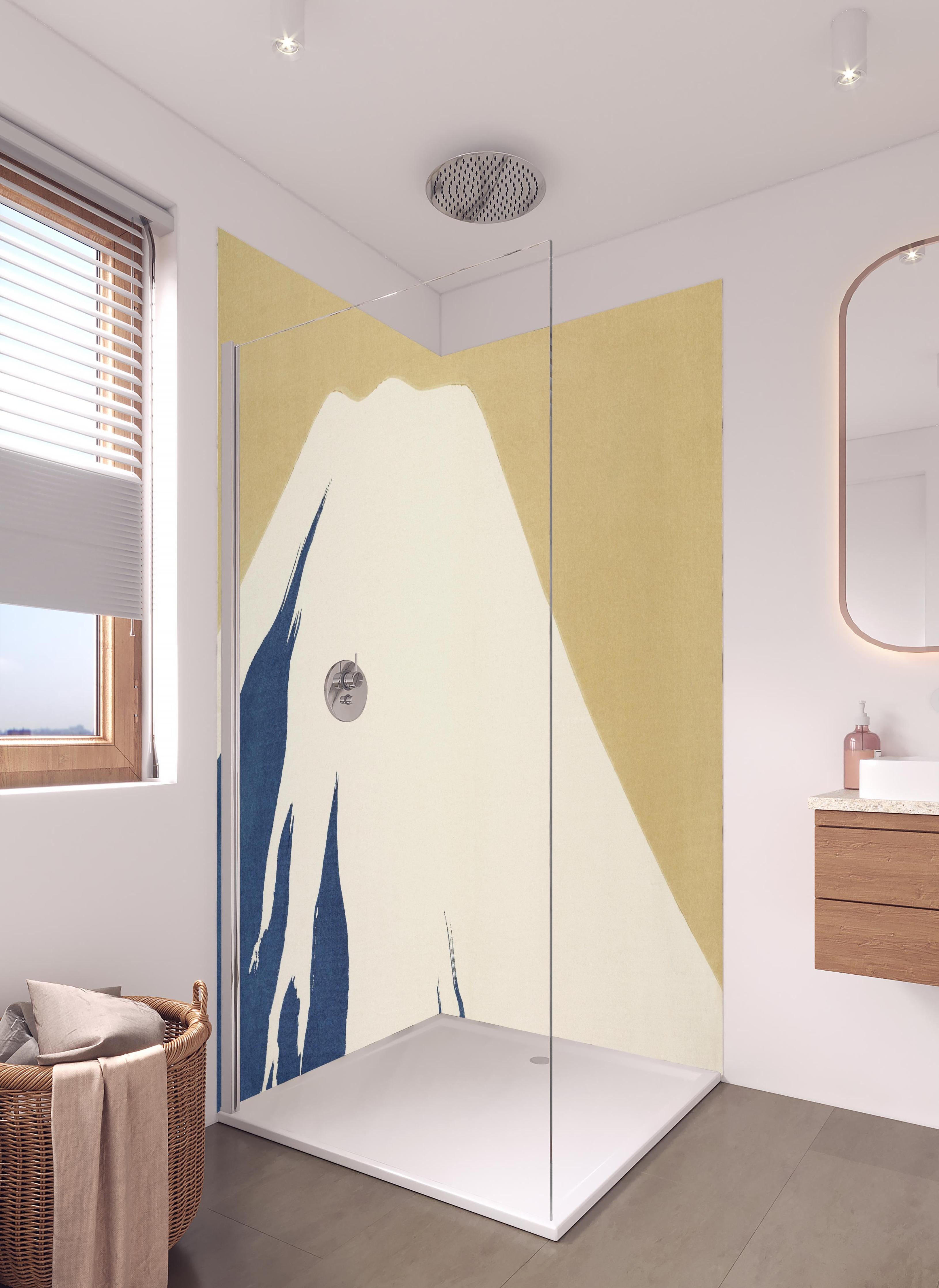 Duschrückwand - Mount Fuji Gelber Hintergrund Holzschnitt in hellem Badezimmer mit Regenduschkopf  - zweiteilige Eck-Duschrückwand