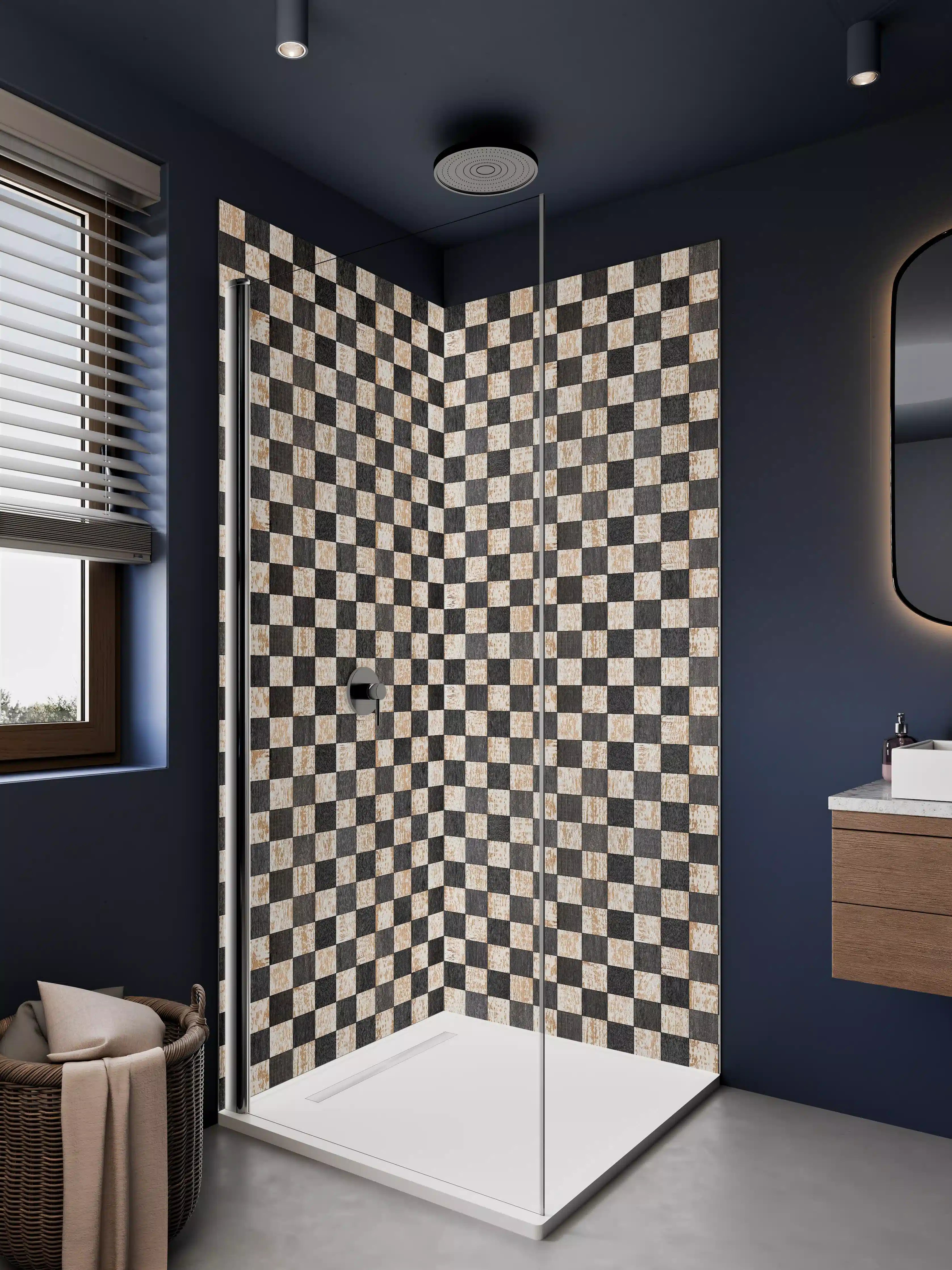 Duschrückwand - Musterhafte Holzmuster in Schwarz-Weiß