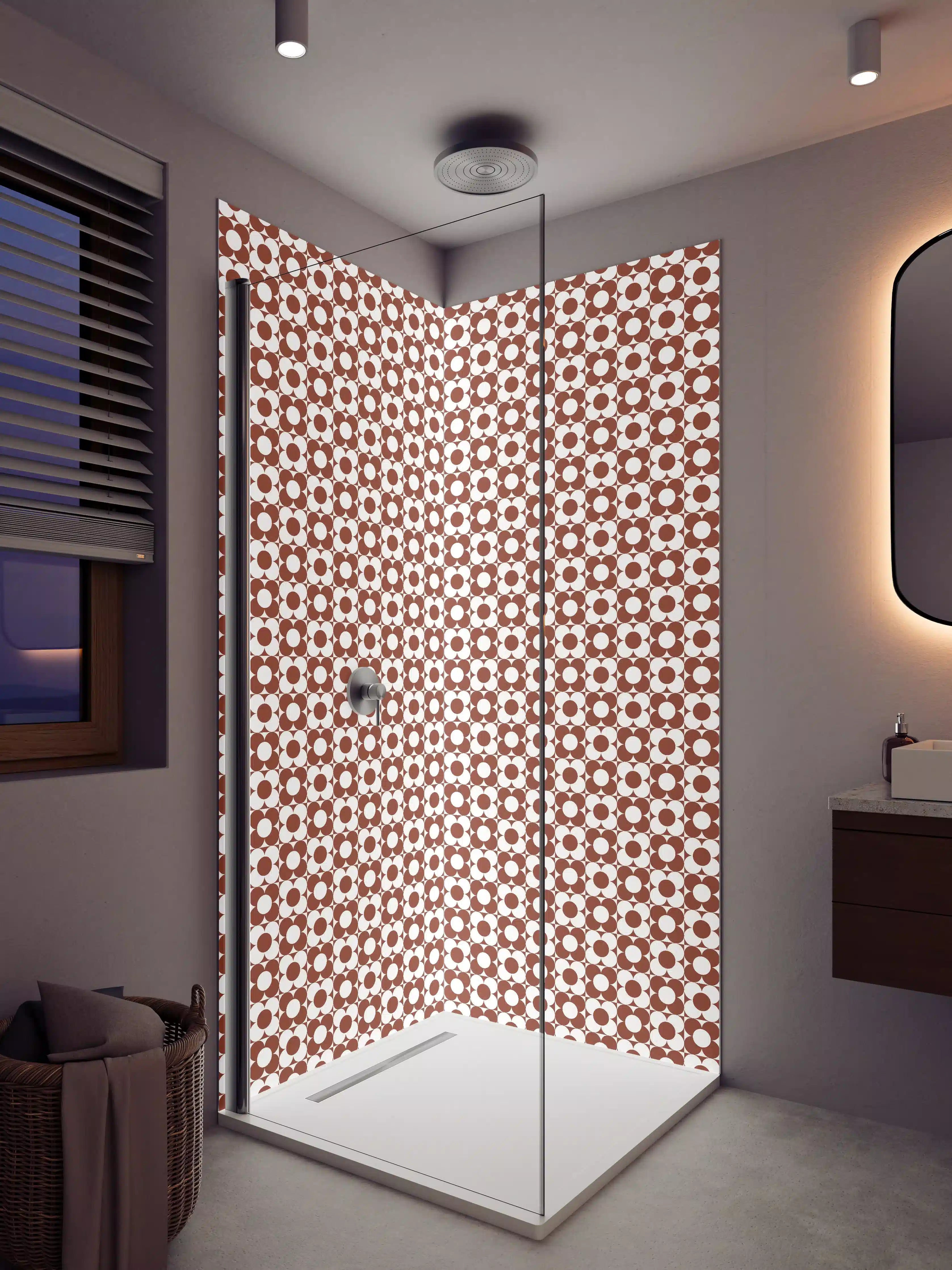 Duschrückwand - Musterhafte braune Geometrie mit kleinen weißen Details