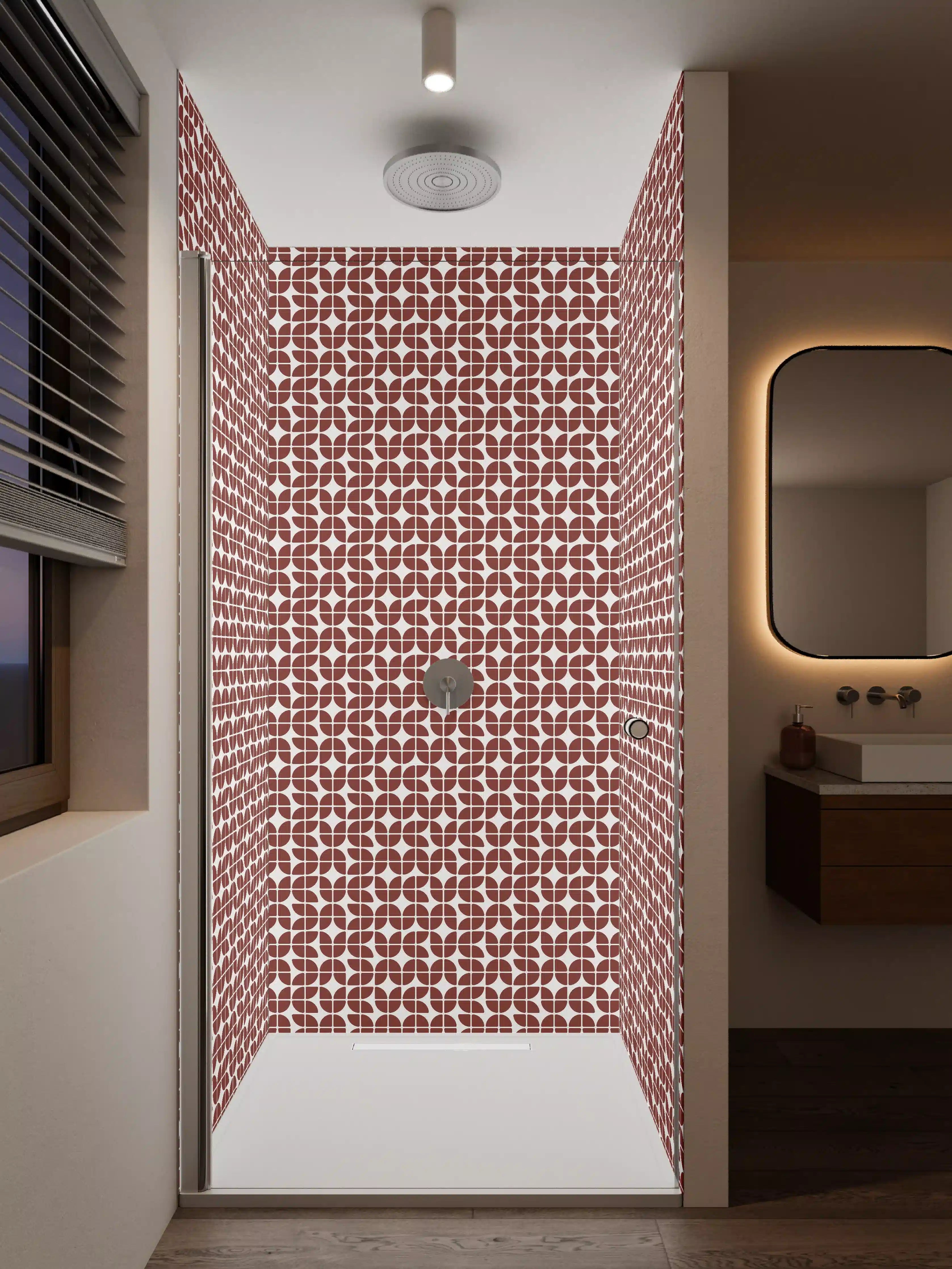 Duschrückwand - Musterhafte geometrische Fliesen in warmen Tönen