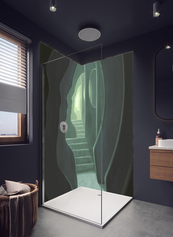 Duschrückwand - Mysteriöses Türrahmen in hellem Badezimmer mit Regenduschkopf  - zweiteilige Eck-Duschrückwand