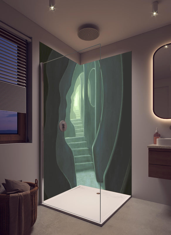 Duschrückwand - Mysteriöses Türrahmen in hellem Badezimmer mit Regenduschkopf  - zweiteilige Eck-Duschrückwand