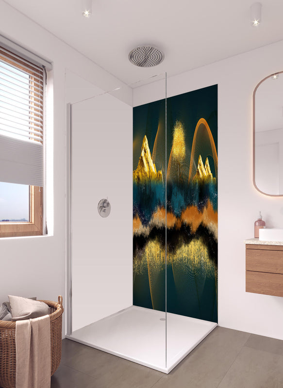 Duschrückwand - Nächtlicher Anblick - Zeichnung in hellem Badezimmer mit Regenduschkopf  - zweiteilige Eck-Duschrückwand